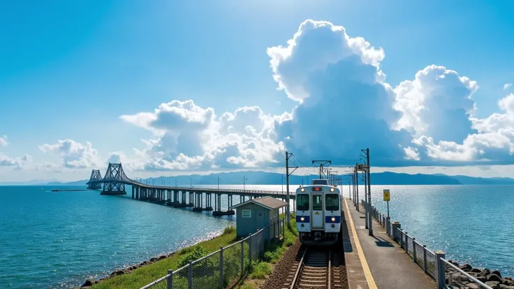 A small station close to the sea,A single-car train running across the massive Seto Ohashi Bridge on a hot summer day. The bridge stretches between islands with a grand steel truss structure. Below the bridge lies the Seto Inland Sea, shimmering in a mix o...