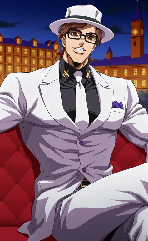1male,solo,Sōsuke Aizen,brown hair,short hair,brown eyes,empty eyes,black glasses,square glasses,white suit,black shirt,white necktie,white fedora hat,big muscle,smile,villain,master mild,night,luxury mansion,sitting on sofa,cross legs,Jojo's Bizarre Adven...