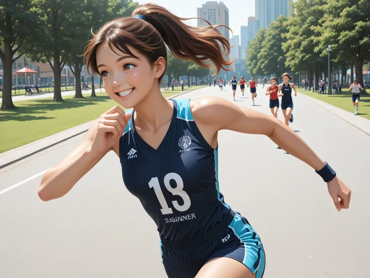 High Quality, 4K, high resolution, masterpiece, extreme details, photographic, Physically Based Rendering, ONE WOMAN, ponytail, brown hair, smiling, Sportswear, Running, Early summer sunshine , park, portrait in the city outside, real, BIG VIEW