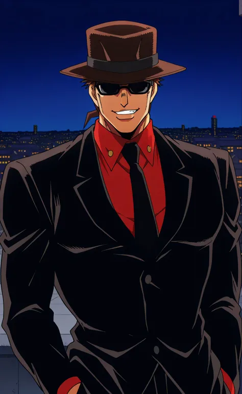1male,solo,vodka,sun glasses,black glasses,not eyes,brown hair,black fedora hat,black suit,crimson shirt,black necktie,Smirk,big muscle,big guy,rooftop,night,Jojo's Bizarre Adventure Style