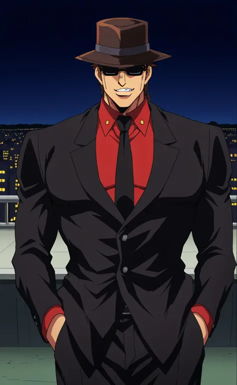 1male,solo,vodka,sun glasses,black glasses,not eyes,brown hair,black fedora hat,black suit,crimson shirt,black necktie,Smirk,big muscle,big guy,rooftop,night,Jojo's Bizarre Adventure Style
