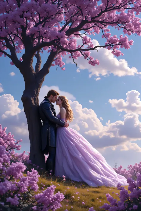 couple man and woman, woman presses her back against a tree, and man wants to kiss her, she is a cute little blonde golden thick wavy hair falls on her shoulders in a lilac ball gown, he is muscular white skin tall shiny skin long bangs, in a beautiful fro...