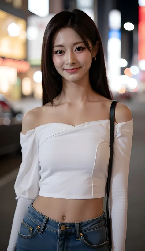 is standing in front, looking at the camera and smiling、(looking at camera:1.5)、(masterpiece, Super Detailed, photorealistic, high resolution), Score 9_up, Score 8_up,   centered  , Cinematic Atmosphere, elegant,  (Please wear a white tight, plain off-the-...