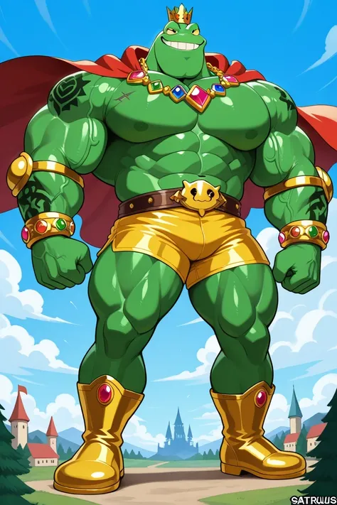 A green giant cartoon 2d frog king, gigantic chin, biggest muscular body, ginomous biceps enormous pectorals, golden bracelets with colorful jewels, golden necklaces with colorful jewels, golden chest, golden wrestler champions belt, Red headband. Golden w...
