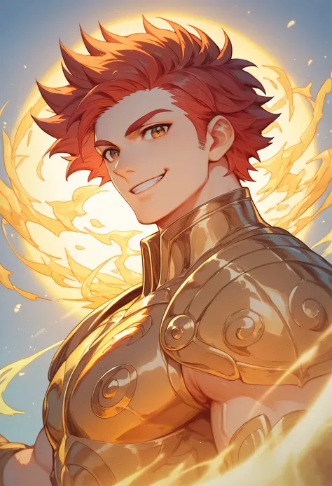 man, strong, strong physique, golden armor, focus on character, bright brown eyes, white skin, red hair, golden energy, focus on character, looking at viewer, side view, smile, fighter, anime style, sun, open arms, thin