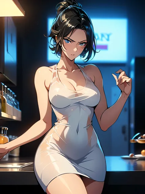 nsfw、animation、ONE WOMAN、(((Raising Her Hair)))、(((sexy pose with crotch spread)))、(((I'm putting my right hand on my crotch)))、silver long hair with semen sealed、(((ponytail)))、(((blue eyes)))、sad expression、(((small breasts)))、(((slim figure)))、(((see-th...