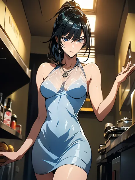 nsfw、animation、ONE WOMAN、(((Raising Her Hair)))、(((sexy pose with crotch spread)))、(((I'm putting my right hand on my crotch)))、silver long hair with semen sealed、(((ponytail)))、(((blue eyes)))、sad expression、(((small breasts)))、(((slim figure)))、(((see-th...