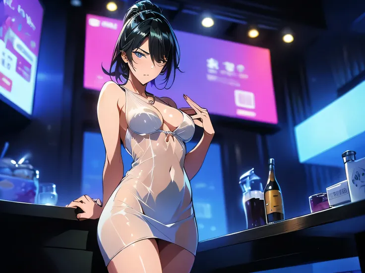 nsfw、animation、ONE WOMAN、(((Raising Her Hair)))、(((sexy pose with crotch spread)))、(((I'm putting my right hand on my crotch)))、silver long hair with semen sealed、(((ponytail)))、(((blue eyes)))、sad expression、(((small breasts)))、(((slim figure)))、(((see-th...