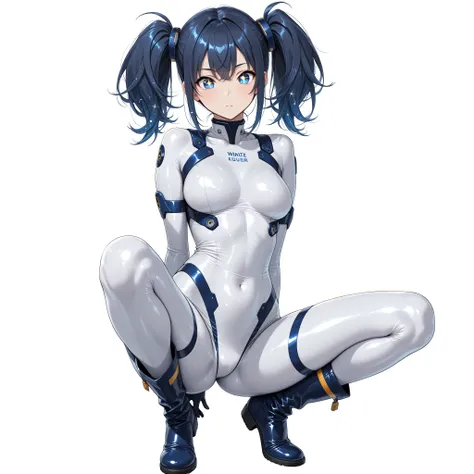 (masterpiece,top quality,highest resolution,Clear Images,Detailed Images): (cute Japanese woman with sparkling blue eyes, very delicate, and、beautifully slender physique with dark blue hair tied in high knot ponytails、Hide your legs by wearing, wear tight ...