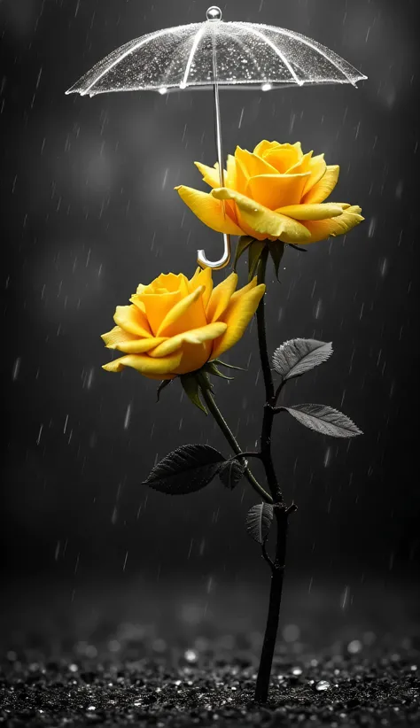 MINIATURE- A striking black and white composition featuring two vibrant YELLOW roses beneath a transparent FULL SIZE umbrella, set against a rain-drenched surface. AROUND GRASSES,The scene evokes a sense of solitude and beauty, with droplets glistening on ...