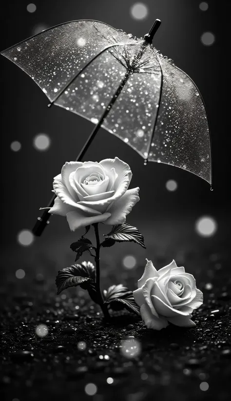 MINIATURE- A striking black and white composition featuring two vibrant WHITE transparent roses beneath a transparent FULL SIZE umbrella, set against a rain-drenched surface. AROUND GRASSES,The scene evokes a sense of solitude and beauty, with droplets g...