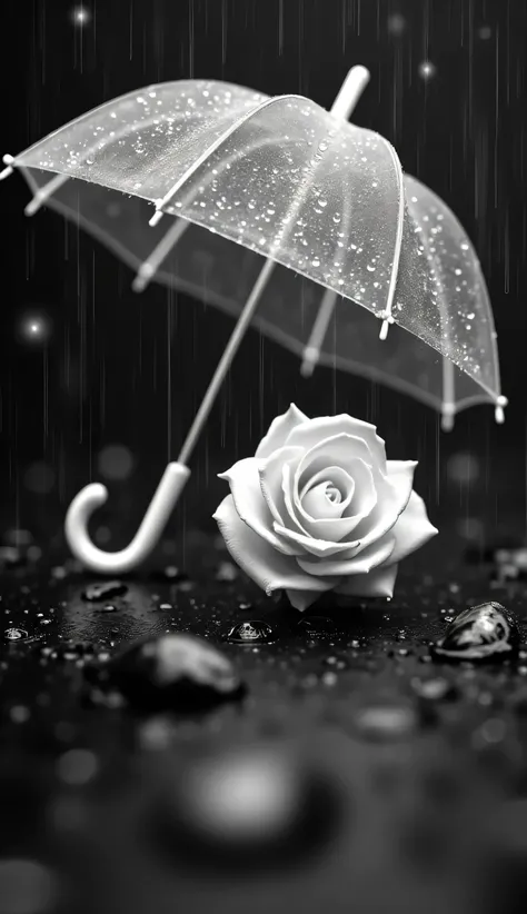 MINIATURE- A striking black and white composition featuring two vibrant WHITE transparent roses beneath a transparent FULL SIZE umbrella, set against a rain-drenched surface. AROUND GRASSES,The scene evokes a sense of solitude and beauty, with droplets g...