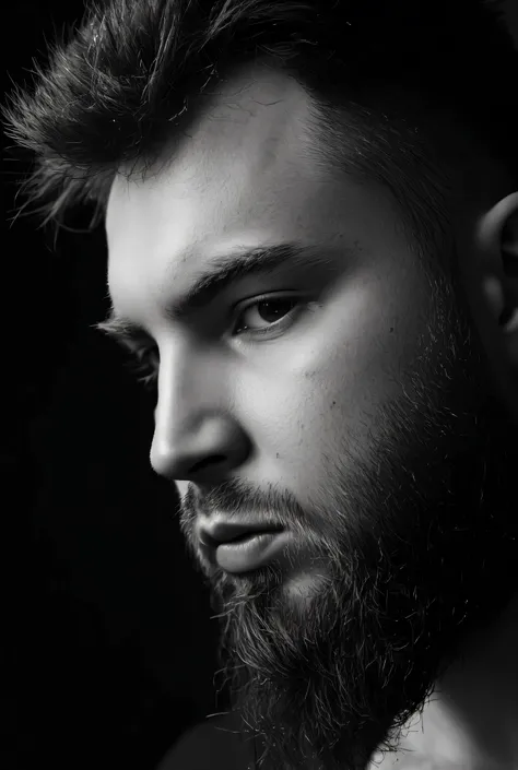 Create a high-contrast black-and-white close-up portrait of a man resembling the avatar of pavel89ru. The man should have a rugged, intense expression, with noticeable facial hair, scars, and a strong jawline. The portrait should show only the right half o...