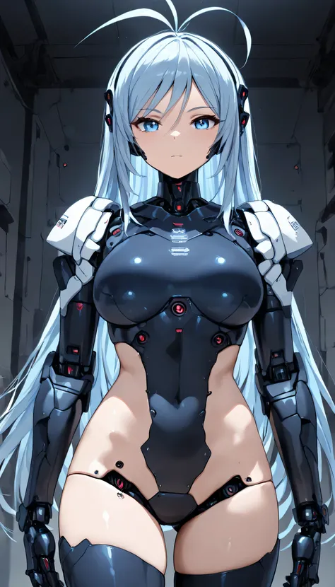masterpiece, top quality, extremely detailed , (8k, 4K, top quality, High resolution , super high resolution with two hands:1.1), , 8K portrait , android Girl, dark black leg covers with blue lines, guide, android ,  mechanical hand, robot arms and legs , ...