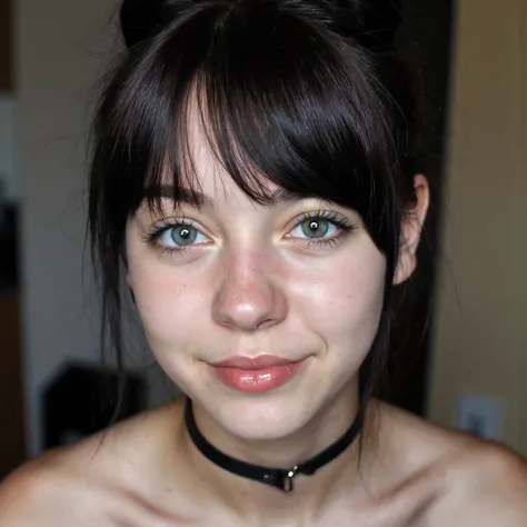 Close-up image of a cute girl , 18_years_old , bun with bangs hairstyle ,black-color hair, green eyes, freckles, pores, subtle skin texture ,bare shoulders, she wearing a black choker , studio lighting that illuminates her  skin perfectly, sharp focus on t...