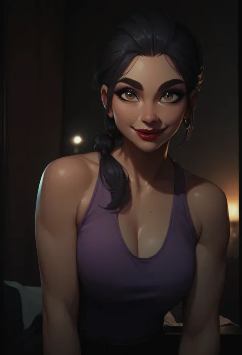 1girl, perfect face, black low ponytail, black round eyebrows, black eyeliners, big brown eyes, nose, thick red lipstick, smile, beautiful girl, v-neck, purple tank top, room living