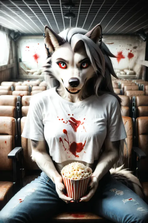 Loona, furry, fluffy tail, solo, t-shirt, jeans, sitting in a movie theater, holds in hands a striped tub brimming with popcorn, high-range shot, ultrahigh details, ultra-realistic photo, two-tone fur, gray fur, anthro, wolf girl, animal nose, wolf tail, r...