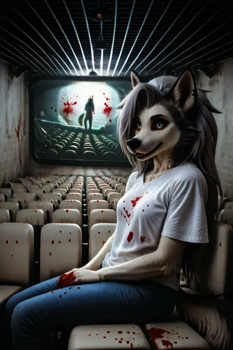 Loona, furry, fluffy tail, solo, t-shirt, jeans, sitting in a movie theater, holds in hands a striped tub brimming with popcorn, darkness, slightly from the side, superhigh-range shot, ultrahigh details, ultra-realistic photo, two-tone fur, gray fur, anthr...