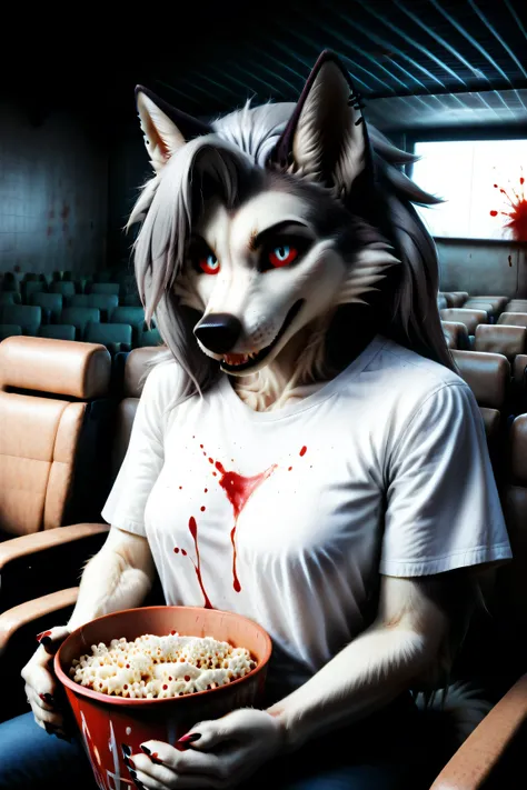 Loona, furry, fluffy tail, solo, t-shirt, jeans, sitting in a movie theater, holds in hands a striped tub brimming with popcorn, darkness, slightly from the side, superhigh-range shot, ultrahigh details, ultra-realistic photo, two-tone fur, gray fur, anthr...