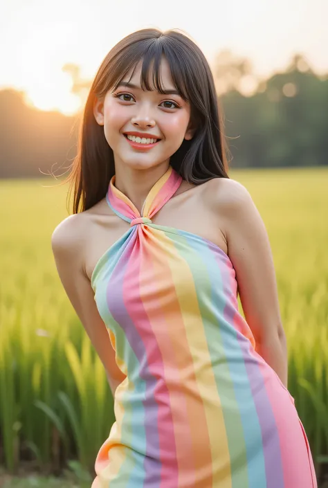 CREATE ANIME CARTOON 3D PHOTO, Cute Small, Visible female panties, front posing, ("Facial expression in Happy big Orgasm"), Both hands lying behind the back, (photorealistic:1.6), background rice paddy. Waktu Senja atmosphere, (((please don't showing any f...