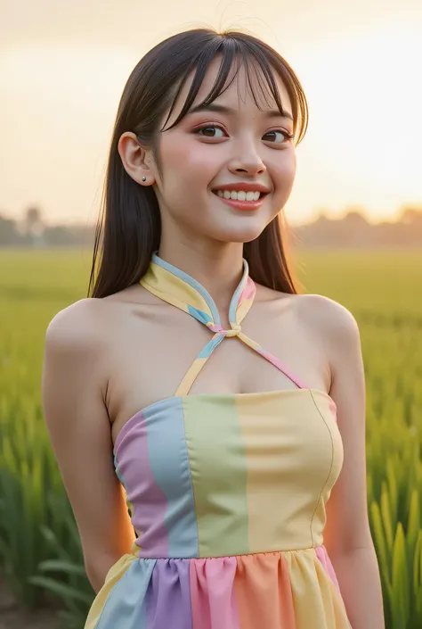 CREATE ANIME CARTOON 3D PHOTO, Cute Small, Visible female panties, front posing, ("Facial expression in Happy big Orgasm"), Both hands lying behind the back, (photorealistic:1.6), background rice paddy. Waktu Senja atmosphere, (((please don't showing any f...