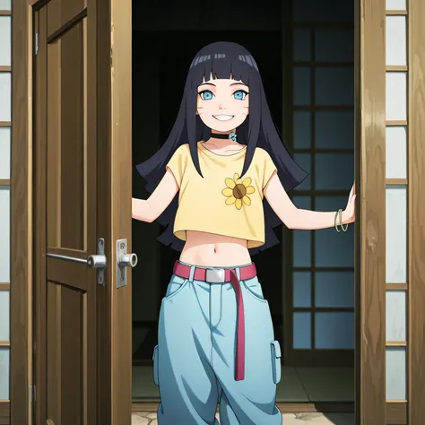 masterpiece, best quality, amazing quality, pov opening door, BREAK, 1girl, solo, standing outside house, 1girl, looking at viewer, uzumaki himawari, boruto: naruto next generations, black hair, whisker markings, himavortex, long hair, blue eyes, tall girl...