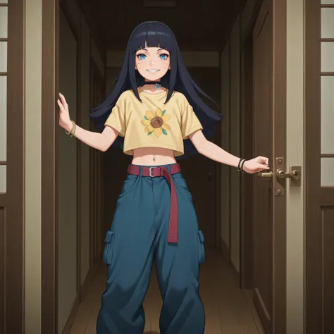lazyneg, anime, masterpiece, best quality, amazing quality, pov opening door, BREAK, 1girl, solo, standing outside house, 1girl, looking at viewer, uzumaki himawari, boruto: naruto next generations, black hair, whisker markings, himavortex, long hair, blue...
