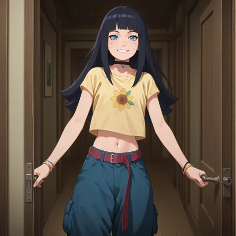 lazyneg, anime, masterpiece, best quality, amazing quality, pov opening door, BREAK, 1girl, solo, standing outside house, 1girl, looking at viewer, uzumaki himawari, boruto: naruto next generations, black hair, whisker markings, himavortex, long hair, blue...