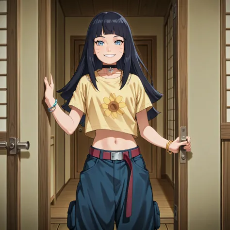 lazyneg, anime, masterpiece, best quality, amazing quality, pov opening door, BREAK, 1girl, solo, standing outside house, 1girl, looking at viewer, uzumaki himawari, boruto: naruto next generations, black hair, whisker markings, himavortex, long hair, blue...