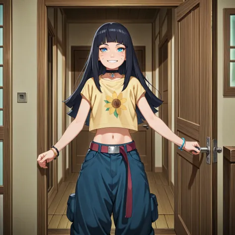 lazyneg, anime, masterpiece, best quality, amazing quality, pov opening door, BREAK, 1girl, solo, standing outside house, 1girl, looking at viewer, uzumaki himawari, boruto: naruto next generations, black hair, whisker markings, himavortex, long hair, blue...