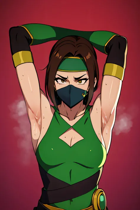 

Jade, human woman with wheatish complexion,sleeveless.She has brown eyes and blackish blue clothing. Her hair is blackish brown in color; She is beautiful.Tsundere face.,mature appearance,armpits,sweat,sweaty,sweaty armpits,arms up,showing armpits,awesom...