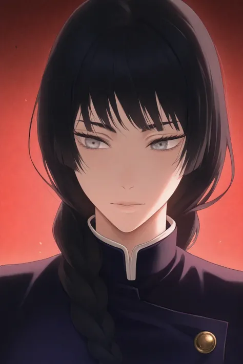 1girl, solo, jujutsu_kaisen_style, long hair, black hair, braid hair, single braid, ,a GIRL (teen) with long black hair with bangs (long hair), silver eyes (red), beautiful, cute, jujutsu kaisen uniform, artwork,close face shot, looking to viewmer,  front ...
