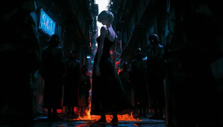 (dystopian futuristic alley, cyberpunk Tokyo at night:1.3), (woman partially from behind, slightly turned to the side:1.3), engulfed in flames, fire spreading from her body and hair, glowing embers, tattered burning dress, rain falling through neon light, ...