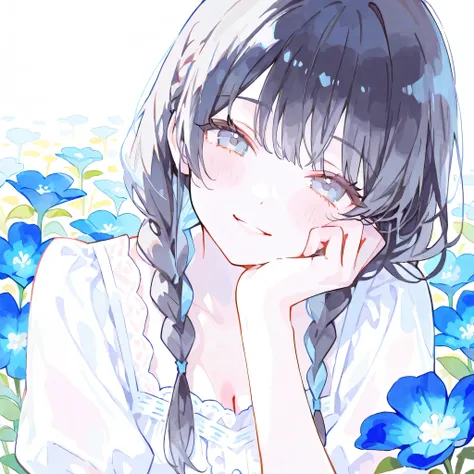 masterpiece,top quality,Super Detailed,8k, 1 girl, Please bring your face close to the blue flower of light, I'm wearing a cute white blouse , dress, Thin black hair, long hair, braids, smile, watercolor style, pastel color, Pale Color, upper body