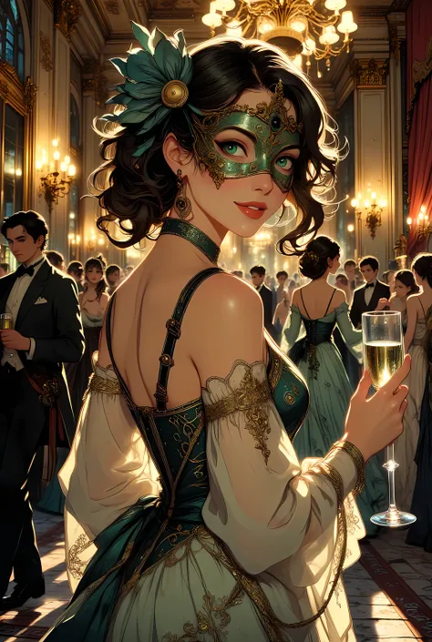 anime style, elegant masked ball at night, a seductive woman in a revealing yet refined masquerade dress with intricate lace and sheer fabric, wearing a detailed half-mask with golden filigree, long flowing hair cascading over her shoulders, glancing over ...