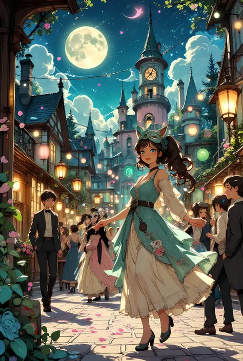 anime style, a cute and colorful masquerade ball in a whimsical anime town, lively open-air plaza filled with dancing girls in frilly pastel-colored masquerade dresses, boys in charming suits and animal masks, strings of glowing lanterns above, flower peta...