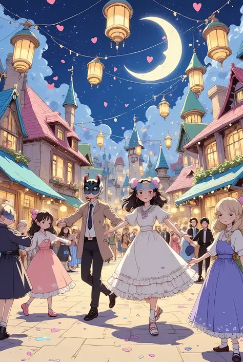 anime style, a cute and colorful masquerade ball in a whimsical anime town, lively open-air plaza filled with dancing girls in frilly pastel-colored masquerade dresses, boys in charming suits and animal masks, strings of glowing lanterns above, flower peta...