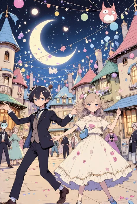 anime style, a cute and colorful masquerade ball in a whimsical anime town, lively open-air plaza filled with dancing girls in frilly pastel-colored masquerade dresses, boys in charming suits and animal masks, strings of glowing lanterns above, flower peta...