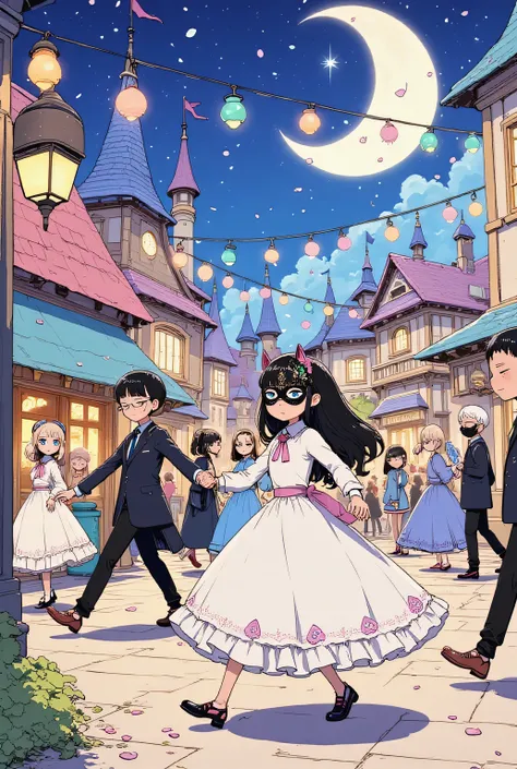 anime style, a cute and colorful masquerade ball in a whimsical anime town, lively open-air plaza filled with dancing girls in frilly pastel-colored masquerade dresses, boys in charming suits and animal masks, strings of glowing lanterns above, flower peta...