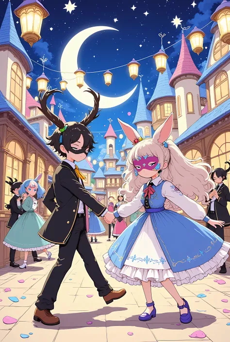 anime style, a cute and colorful masquerade ball in a whimsical anime town, lively open-air plaza filled with dancing girls in frilly pastel-colored masquerade dresses, boys in charming suits and animal masks, strings of glowing lanterns above, flower peta...