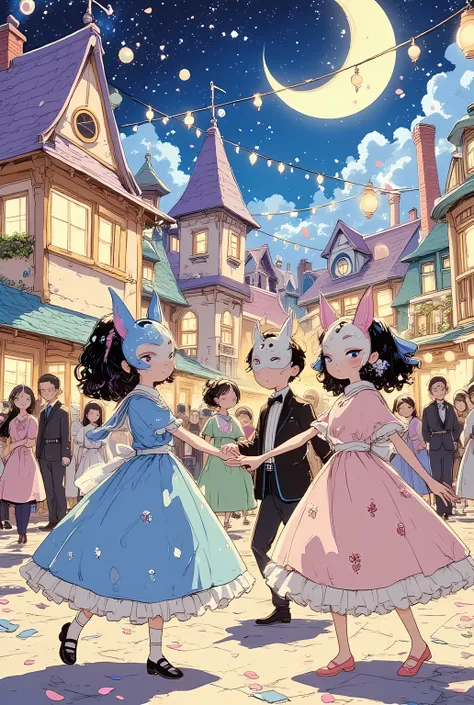 anime style, a cute and colorful masquerade ball in a whimsical anime town, lively open-air plaza filled with dancing girls in frilly pastel-colored masquerade dresses, boys in charming suits and animal masks, strings of glowing lanterns above, flower peta...