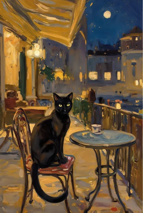 A highly detailed, richly textured Van Gogh–style oil painting inspired by “Café Terrace at Night,” featuring a sleek and elegant black cat with a smooth, shiny coat that subtly reflects the warm ambient light, bright amber eyes, and a long, graceful tail....