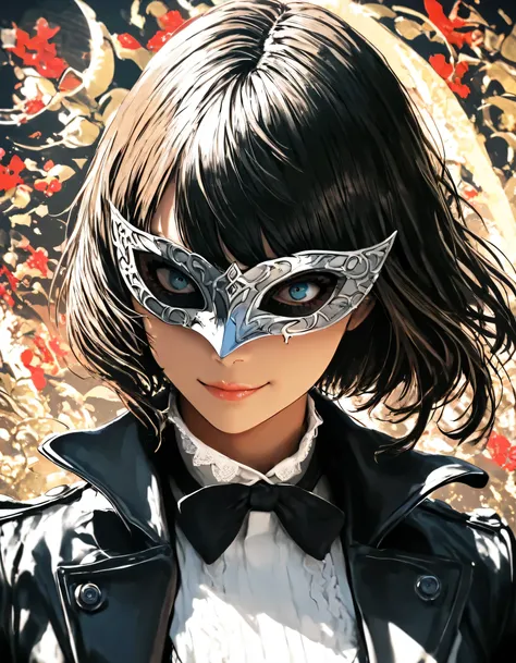 1girl, persona, year 2019, upper body, PERSONA5, phantom thief, mask, masterpiece, high score, great score, absurdres, 16k, Ultra detailed, (photorealistic : 0.5)
