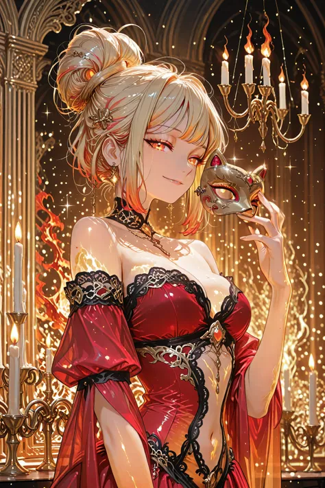 anime,rich,bck,beautiful woman, upper body from navel up, elegant masquerade dress, red and orange flame-like gradient, off-shoulder, sheer glossy fabric, golden decorations, luxurious design, sparkling golden mask, embedded with many rubies, ornate mask d...