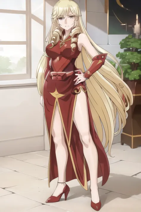 A woman with long blond hair and a gun，，indoor，Palace ball，Square，can you draw a woman with a mask on her face，Hiding your face，I need my whole body ，standing with a peacock fan in her hand，don't crop your face even if you can't see her expression，can you ...