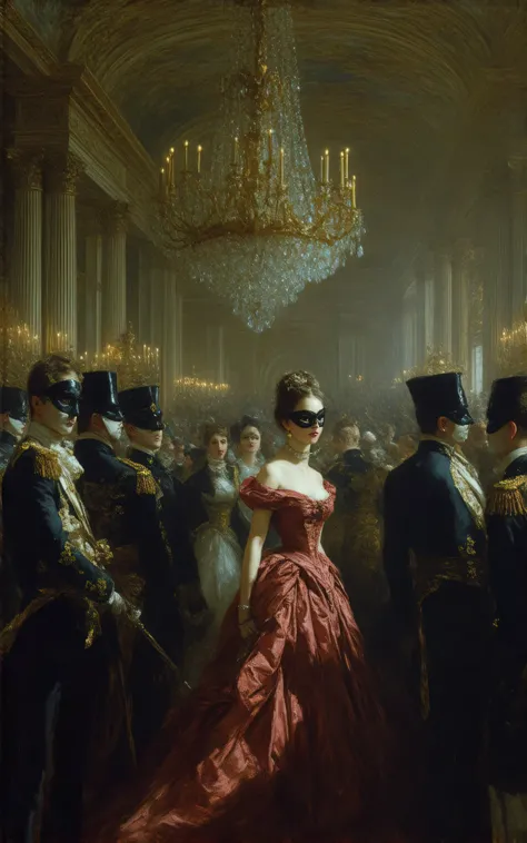 Brussels, 1815. On the eve of the Battle of Waterloo, officers and ladies at a masked ball,cinematic, intricate,highly detailed,majestic ballroom,opulent,grand chandelier,ornate decor,elegant aristocratic guests,masked ball,black silk domino masks, officer...