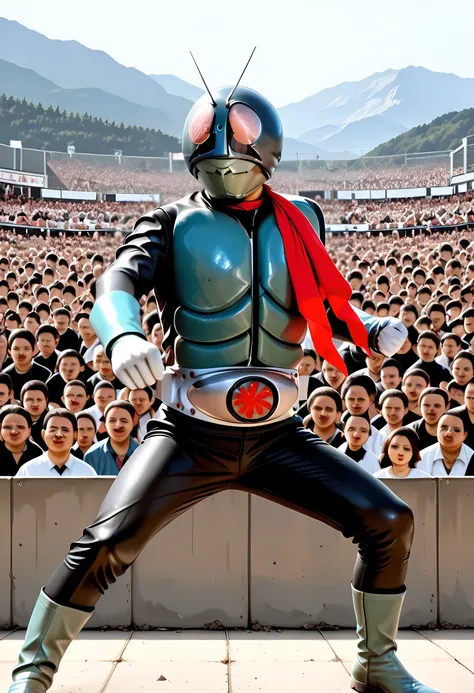 score_9, score_8_up, score_7_up, source_real,realistic, photorealistic, extremely detailed, detailed background, kamen rider ichigo, male focus, solo, helmet, boots, rider belt, antennae, gloves, tokusatsu, belt, scarf, white gloves, (fighting:1.2), motion...