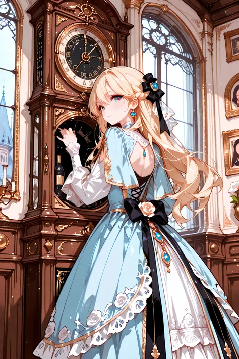 top quality、Real Style、masterpiece、A luxurious 19th century European ballroom、The great hall of an old castle with a shining chandelier。A modern girl travels back in time、She is dancing with a young aristocrat with blonde hair and a tailcoat。The girl is we...