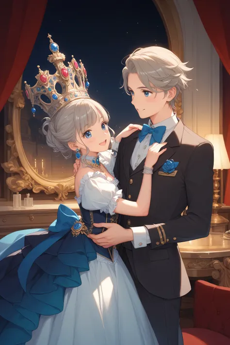 top quality、masterpiece、A luxurious 19th century European ballroom、(Masquerade:1.3)、The great hall of an old castle with a shining chandelier。The girl is dancing with an aristocrat young man with blond hair and a tailcoat。The girl is in a Victorian dress w...