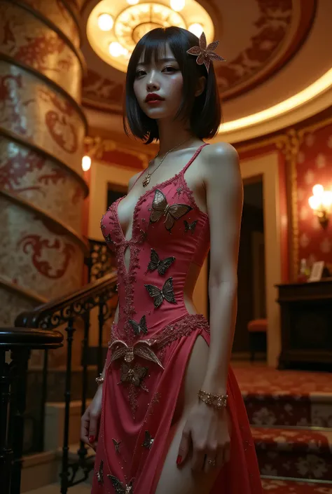 Masquerade ball. Venetian mask, sexual atmosphere.
(((An elegant dress with all-over butterfly embroidery1.5))).
Dimly lit Western-style mansion late at night, Bewitching hall, bewitching space, seductive pose.
Super beautiful Japanese woman, makeup, light...